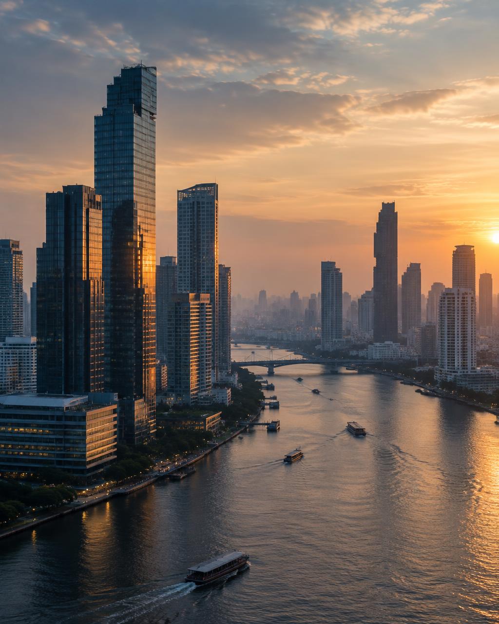 The Bangkok skyline and Chao Phraya river at dusk