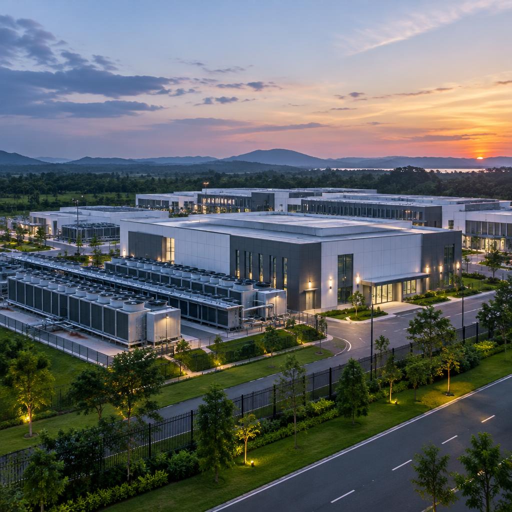 Modern data centre campus at dusk with cooling infrastructure and landscaped grounds