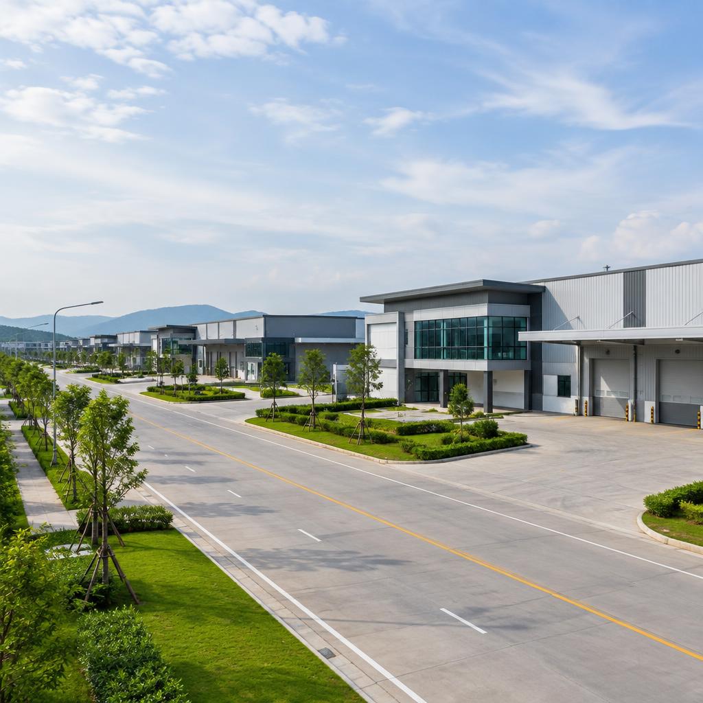 Wide clean road and modern low-rise buildings in a Thai industrial estate