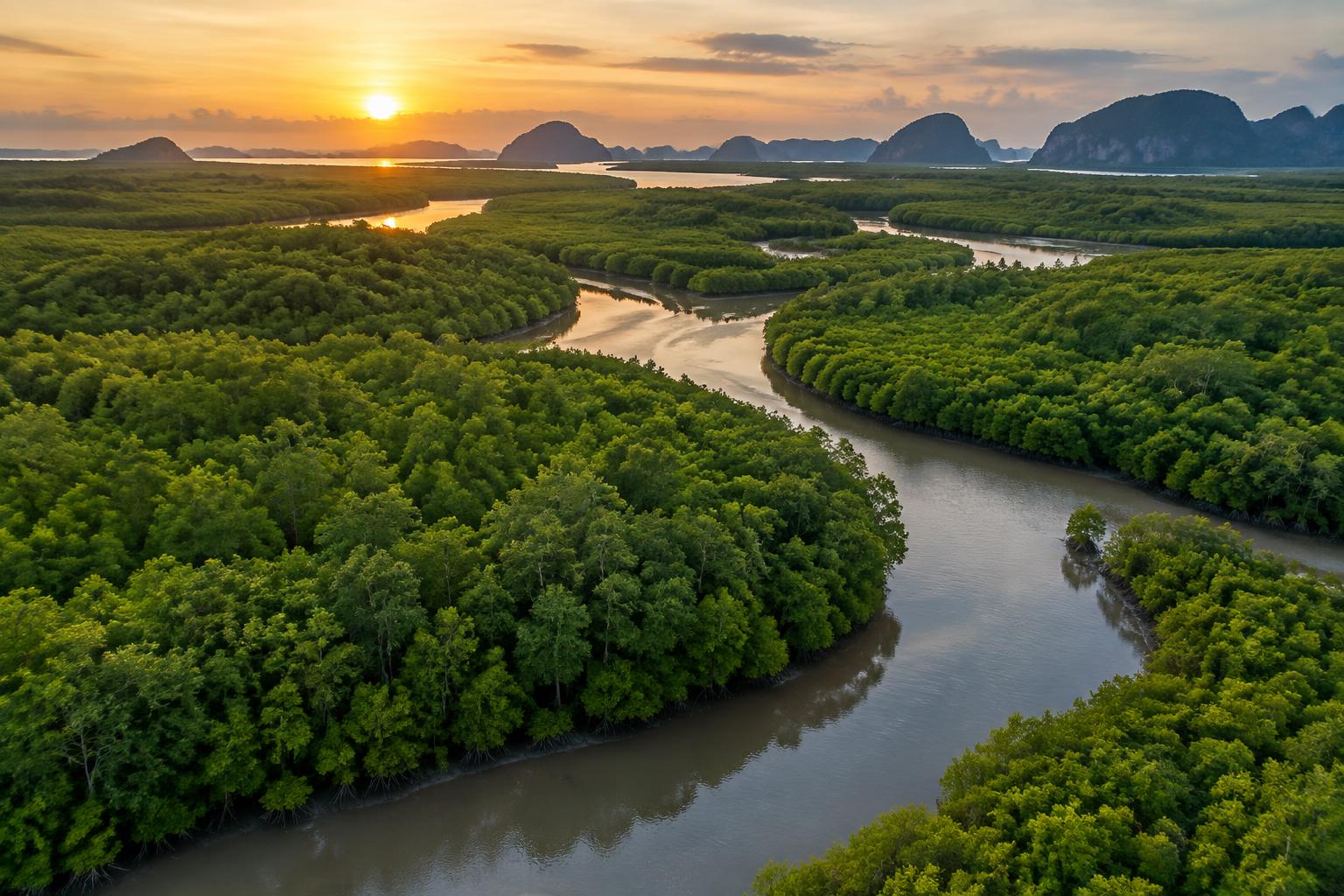 Aerial view of a thriving Thai mangrove forest with winding tidal channels at sunset