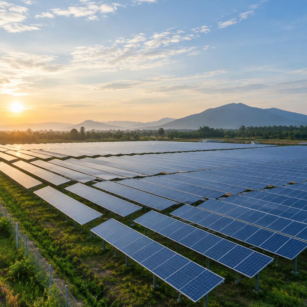 Rows of solar panels at a large solar farm in rural Thailand at sunrise