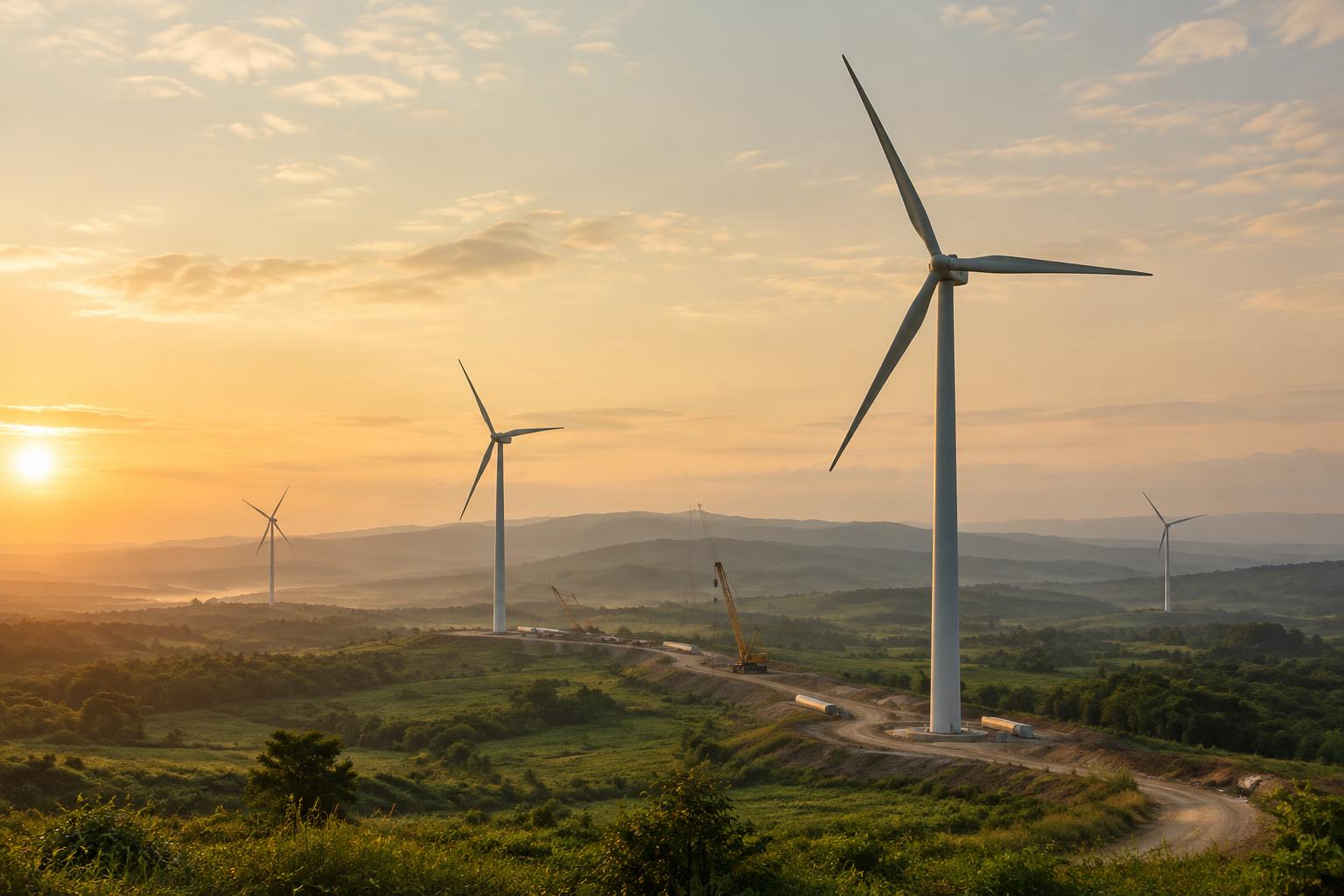 Wind turbines across a rural landscape at golden hour with a construction access road